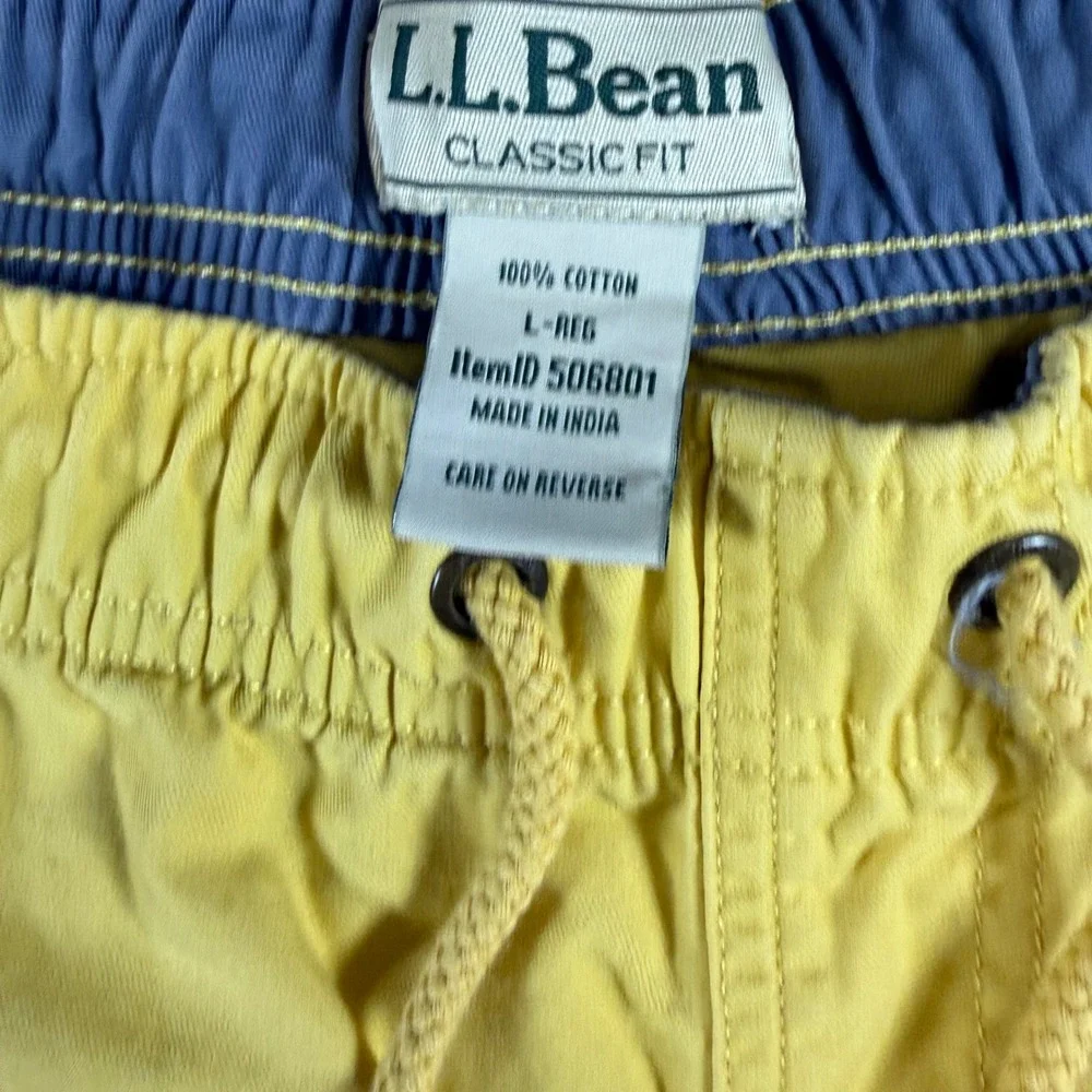 LL Bean Mens Classic Fit Cotton Shorts Yellow Elastic Waist 506801 Large Reg 7in